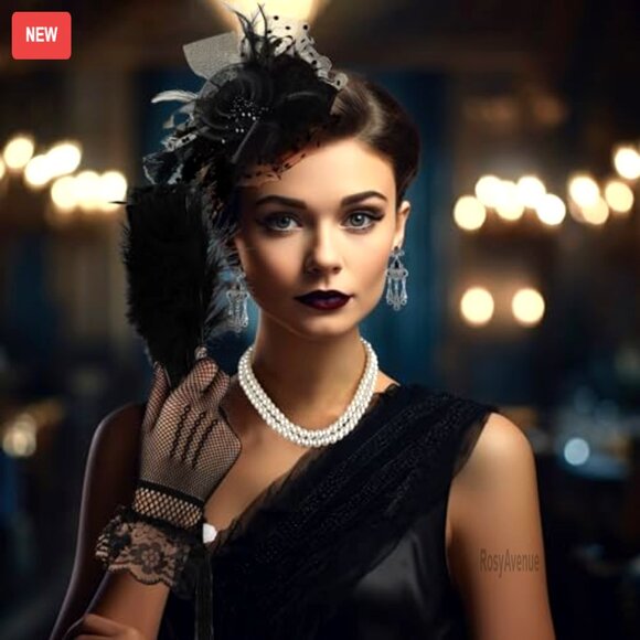 Vintage Fascinator Hat Set with Pearl Necklace Lace Gloves Earrings Feather Fan - Picture 5 of 7